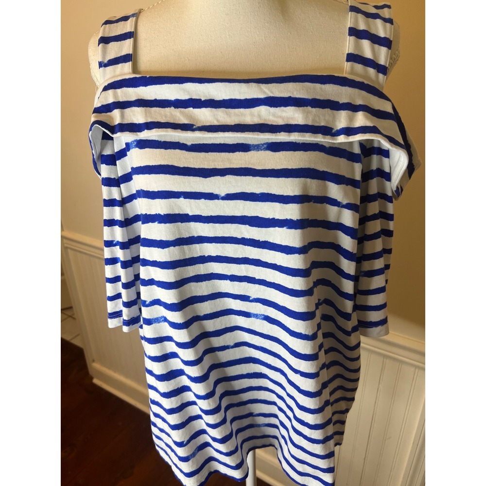 Lauren Ralph Lauren BlueWhite Striped Cold Shoulder Top Square Neck Short Sleev‎